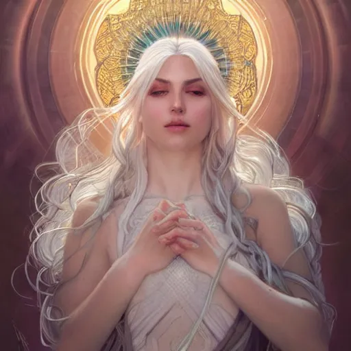 Prompt: goddess ascending, white hair, long hair, light, divine, intricate, 4 k, highly detailed, sharp focus, digital painting, by artgerm and greg rutkowski and alphonse mucha