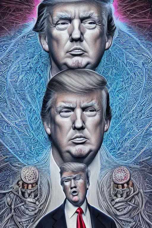 Image similar to highly detailed portrait of donald trump by alex grey, patrick woodroffe, mark ryden created by gustave dore and greg rutkowski, high detailed, smooth draw, synthwave neon retro, intricate, realistic proportions, dramatic lighting, trending on artstation