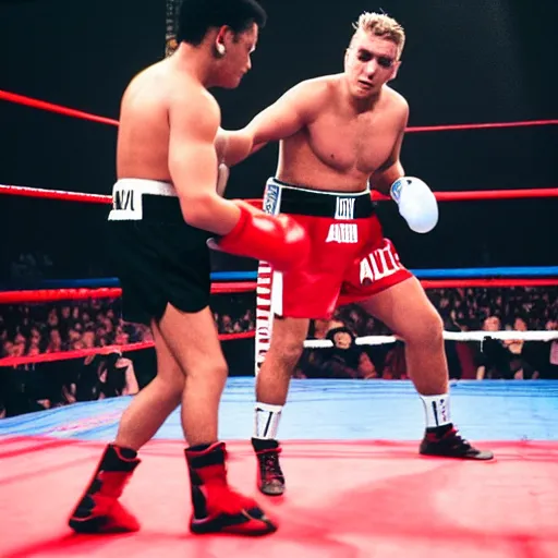 Image similar to jake paul vs mohammed ali, brutal boxing match, sports photography, sweat flying, hd high detail, professional photo