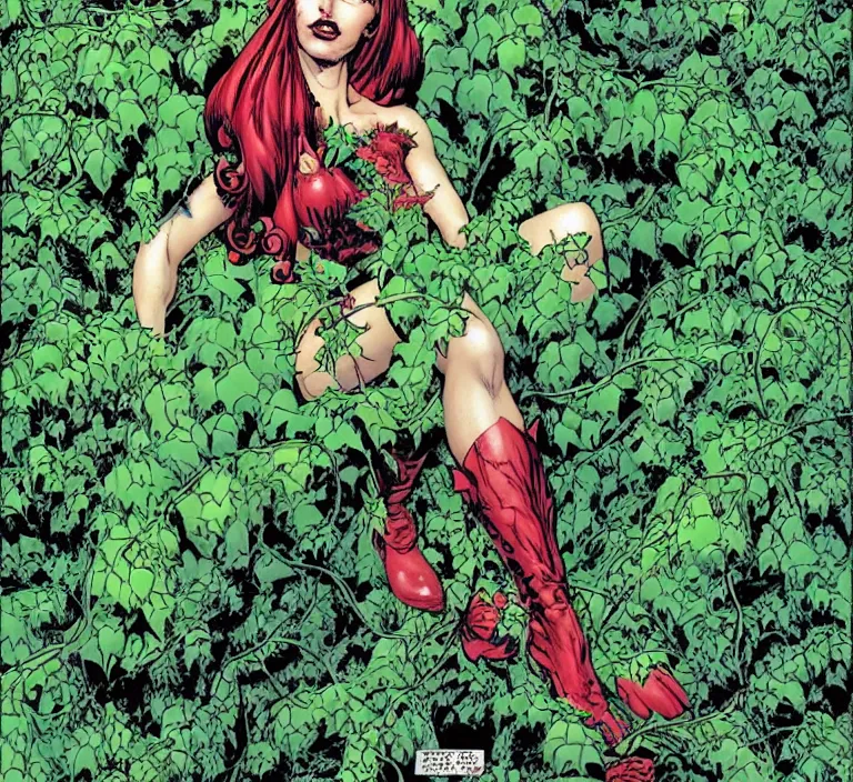 Prompt: dc comics poison ivy character sitting in a throne made of vines, giant venus fly traps, art by joe chiodo, travis charest