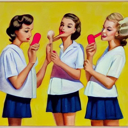 Image similar to a painting of two thin teens and one fat blonde teen dressed in 1 9 5 0's attire and eating yellow popsicles 8 k