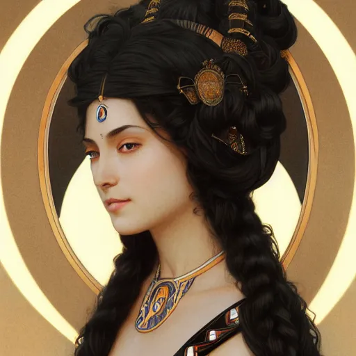 Prompt: portrait of a proud aztec moon goddess, with white skin, black dress, intricate, elegant, highly detailed, digital painting, artstation, concept art, smooth, sharp focus, illustration, art by artgerm and greg rutkowski and alphonse mucha and william - adolphe bouguereau