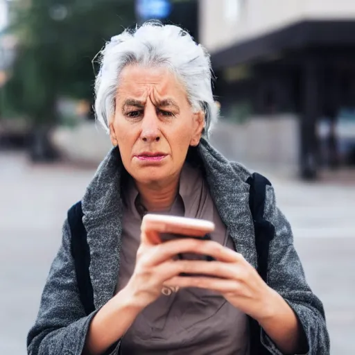 Prompt: astonished middle aged lady looking at smartphone angrily, wild hair, greek ethnicity, straight grey hair, angry eyes,