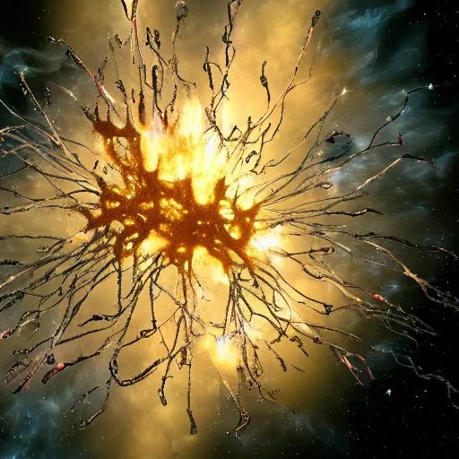 Image similar to army of interconnected neurons made of steel in space with hubble background, amazing, fire, splash, vray, 5 5 mm