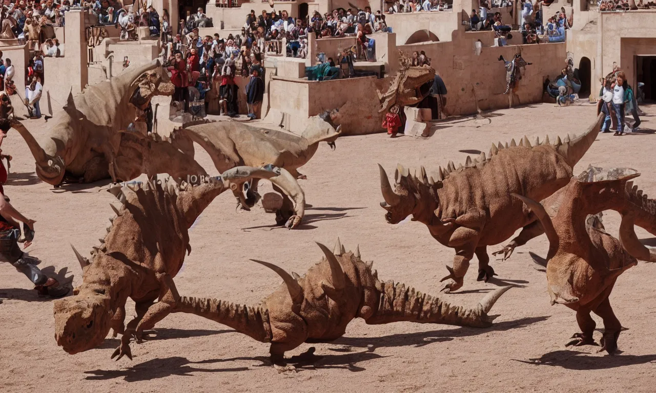 Prompt: a troubadour facing off against a horned dinosaur in the plaza de toros, madrid. long shot, midday sun, kodachrome