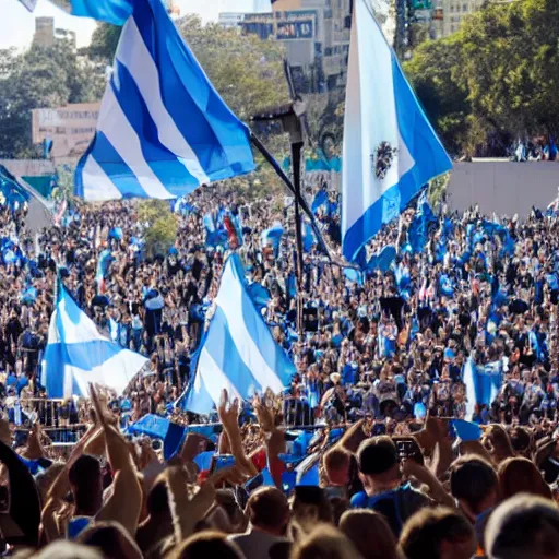 Image similar to Lady Gaga as president, Argentina presidential rally, Argentine flags behind, bokeh, giving a speech, detailed face, Argentina