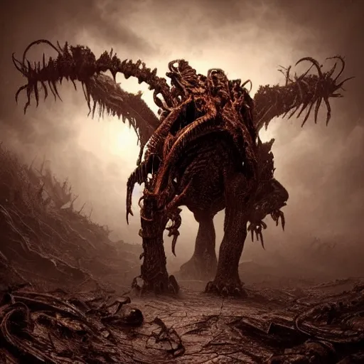 Prompt: photorealistic eldritch deathclaw in a post apocalyptic wasteland in the style of michael whelan and gustave dore. hyperdetailed photorealism, 1 0 8 megapixels, amazing depth, high resolution, 3 d shading, 3 d finalrender, 3 d cinematic lighting, glowing rich colors, psychedelic overtones, artstation concept art.