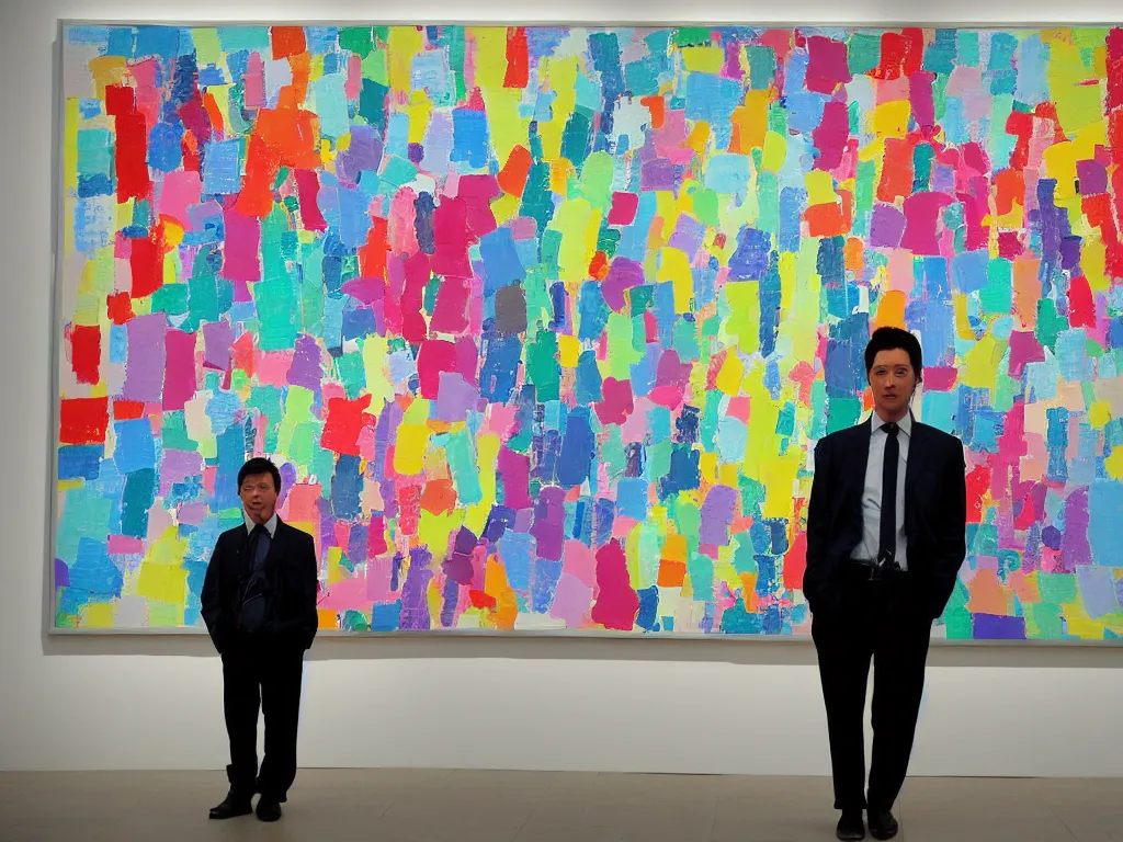 Prompt: ‘The Center of the World’ (office worker at an art gallery, standing in front of a colorful David Hockney painting) was filmed in Beijing in April 2013 depicting a white collar office worker. A man in his early thirties – the first single-child-generation in China. Representing a new image of an idealized urban successful booming China.