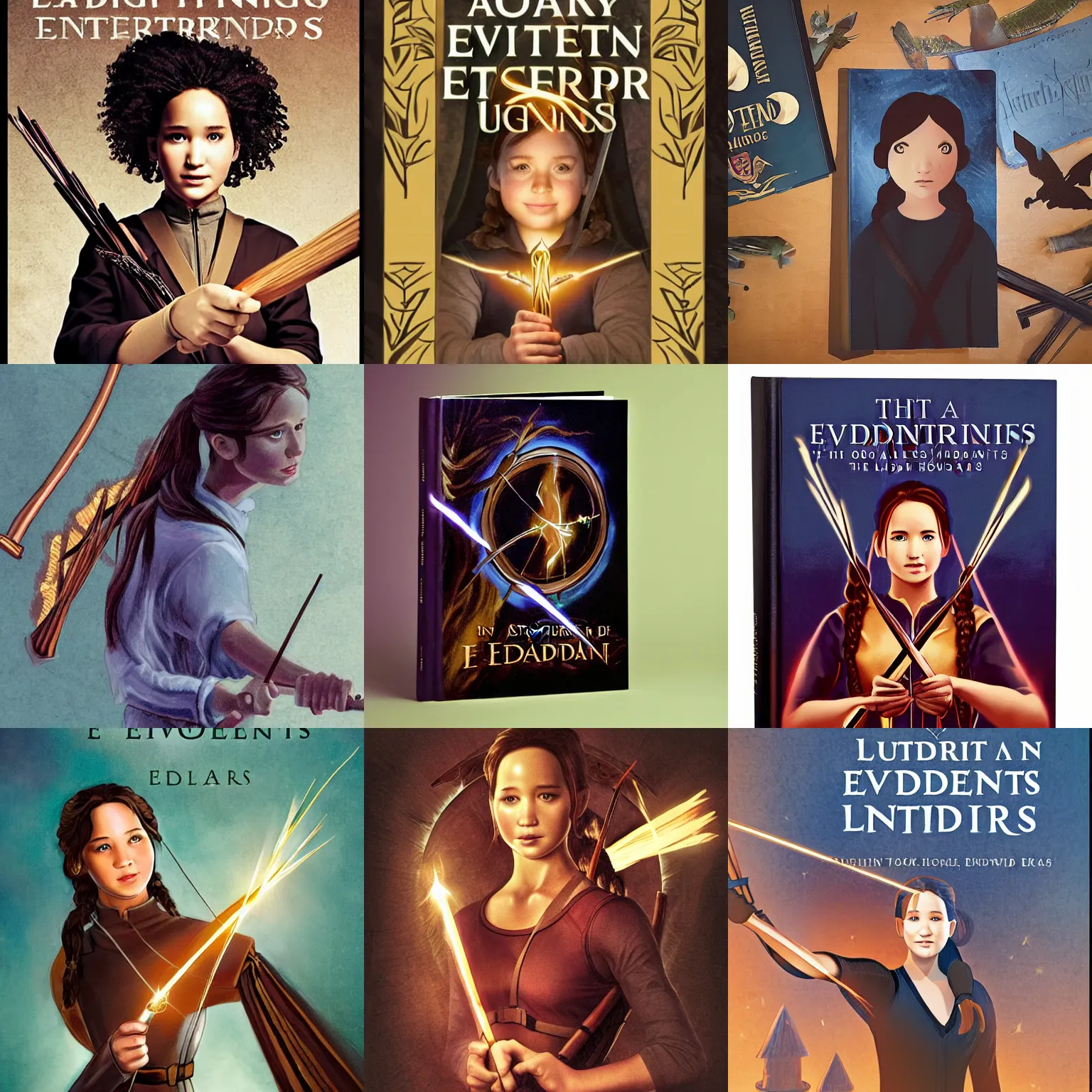 Prompt: book on a table, studio lighting, cover art is of katniss everdeen holding the elder wand at hogwarts school, illustrated by mary grandpre