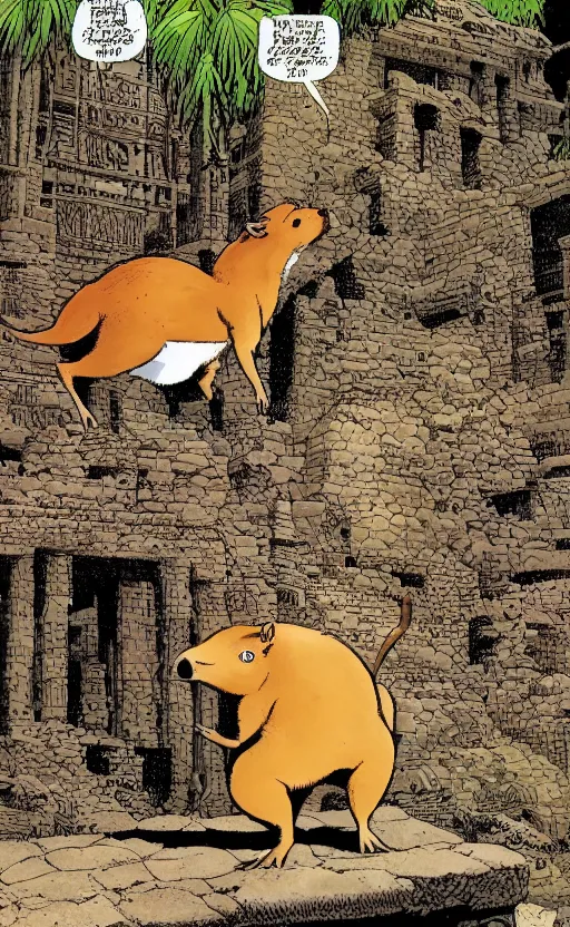 Prompt: an animated capybara exploring some mayan ruins, comic by david finch and frank miller, detailed shading, correct rodent anatomy