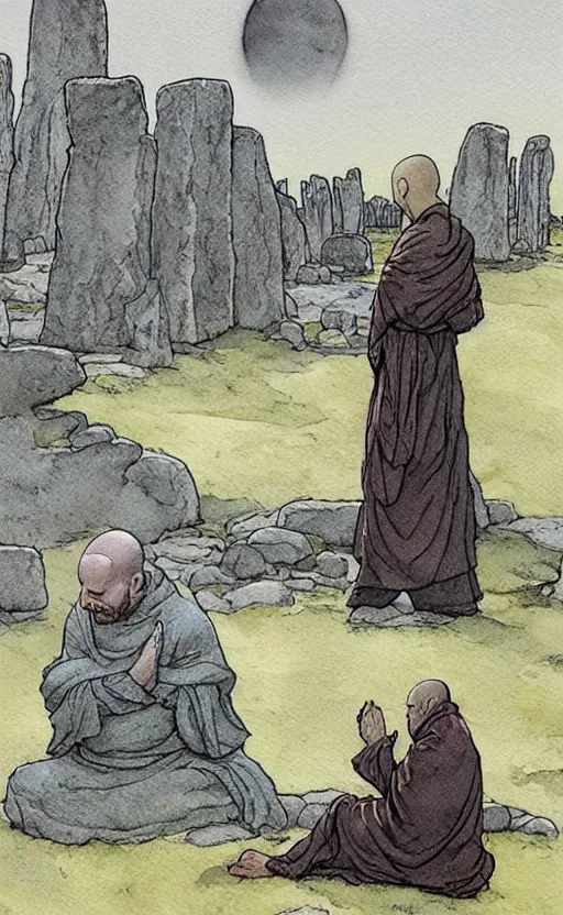 Image similar to a realistic and atmospheric watercolor fantasy concept art of giant monk in grey robes sitting in stonehenge. in the foreground a tiny medieval monk in grey robes is praying. a ufo is in the sky. by rebecca guay, michael kaluta, charles vess