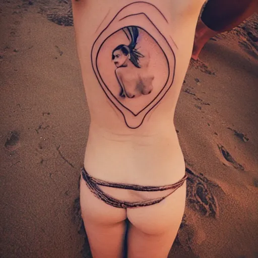 Image similar to beautiful woman tattoos on body dramatic beach cinematic photorealistic sunset,