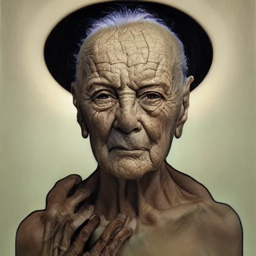 Image similar to hyperrealist portrait of an ancient old alien woman with three heads standing in a vast empty space with mounds of clay here and there by jeremy mann and alphonse mucha and stan lee, fantasy art, photo realistic, dynamic lighting, artstation, poster, volumetric lighting, very detailed faces, award winning, full face, symmetry