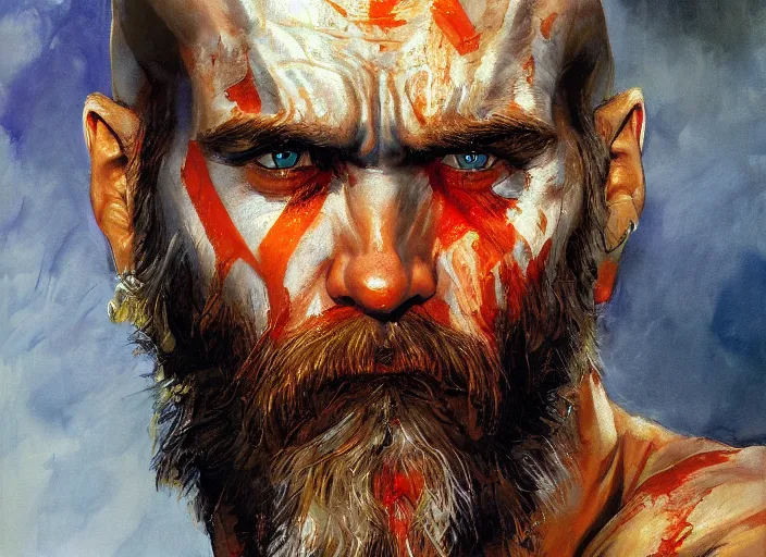 Image similar to a highly detailed beautiful portrait of jim carrey as kratos, by gregory manchess, james gurney, james jean