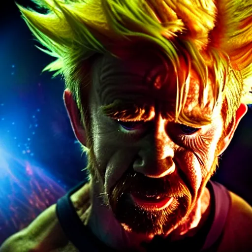 Image similar to uhd candid photo of cosmic chuck norris as a super sayian powering up, glowing, global illumination, studio lighting, radiant light, hyperdetailed, correct face, elaborate intricate costume. photo by annie leibowitz