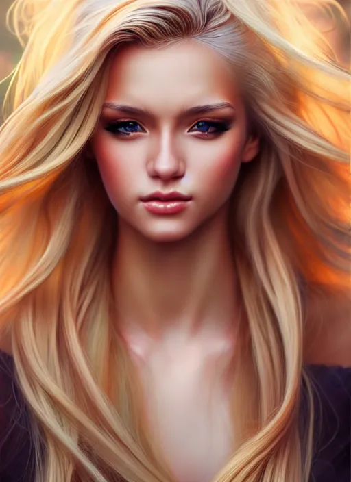 Image similar to picture of a gorgeous female with long blonde hair in the style of stefan kostic, realistic, full body shot, wide angle, sharp focus, 8 k high definition, insanely detailed, intricate, elegant, art by stanley lau and artgerm, floating embers