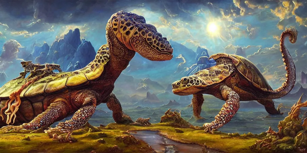 Image similar to fantasy oil painting, great leviathan, cybernetic turtle cephalopod terrapin reptilian pachyderm squid, bella hadid, hybrid, milla jovovich, anubis epic islamic city, natural light, lush plants flowers, spectacular mountains, bright clouds, luminous sky, outer worlds, golden hour, michael cheval, edward hopper, michael whelan, hd