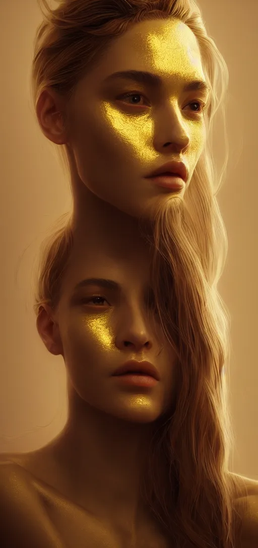 Image similar to beautiful woman, centered painted portret, golden white atmosphere, insanely mystical, hyper realistic, extremely detailed, concept art, trending on artstation, atmospheric, 8 k, octane render, unreal engine