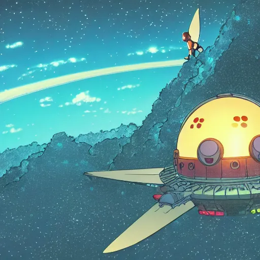 Prompt: illustration of a super hero flying over glowing sci fi dome, studio ghibli, ultra hd