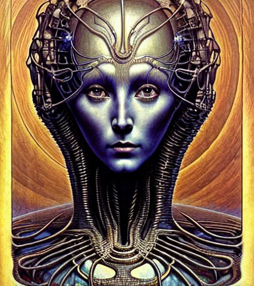 Prompt: detailed realistic beautiful young cher alien robot as queen of mars face portrait by jean delville, gustave dore and marco mazzoni, art nouveau, symbolist, visionary, gothic, baroque. horizontal symmetry by zdzisław beksinski, iris van herpen, raymond swanland and alphonse mucha. highly detailed, hyper - real, beautiful