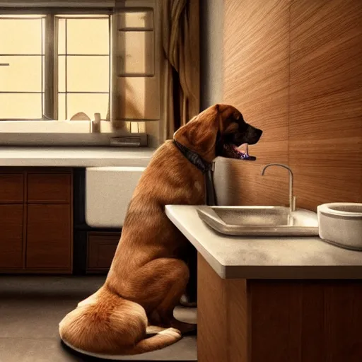 Image similar to a bored dog doing the dishes in the kitchen, very detailed and sharp photorealistic image, artstation, cinematic lighting