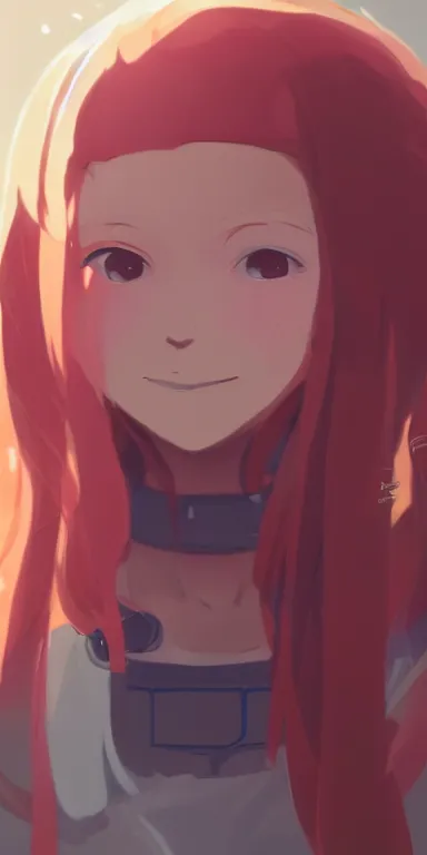 Prompt: concept art of young cute curvacious redhead cyborg woman softly smiling at camera wearing 🩳 and 👕 illustration illustration concept art anime key visual trending pixiv fanbox by wlop and greg rutkowski and makoto shinkai and studio ghibli and kyoto animation