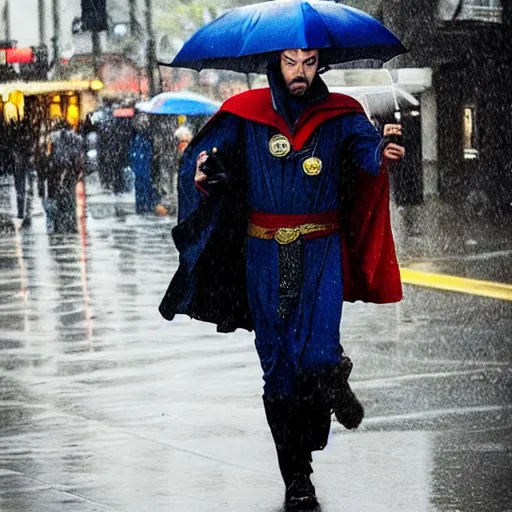 Image similar to doctor strange waiting for the bus during a rainy day, award winning candid photography