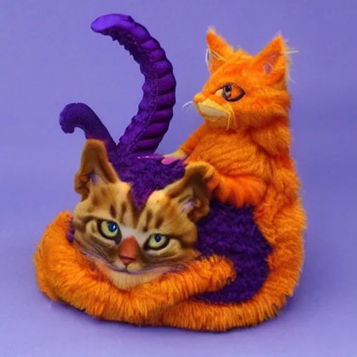 Image similar to cute small purple dragon snuggling orange tabby cat, realistic