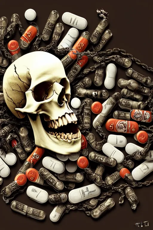 Prompt: pile Off pills, drugs, cigarrette boxes and a skull on a wooden table, skull made out of smoke coming out of pills, fantasy, intricate, elegant, highly detailed, digital painting, artstation, concept art, addiction, chains, smooth, sharp focus, illustration, art by Ilja Repin