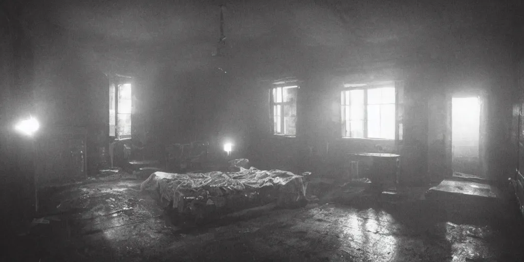 Prompt: nighttime, a very dark room at night lit only by candlelight, black and white, grungy