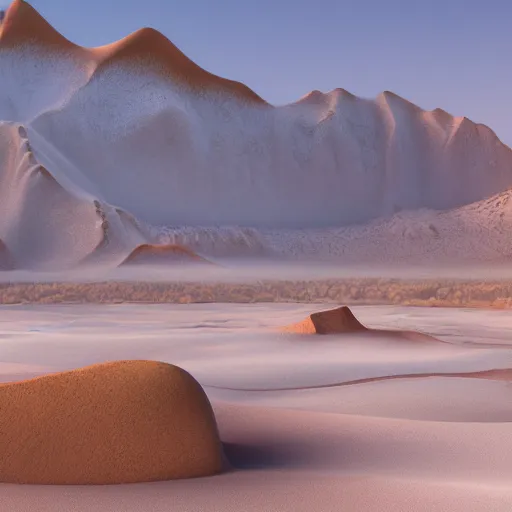 Image similar to large desert landscape with a big snowy mountain in the distance, daylight, hyperdetailed, sharp, artstation, 3 d render, ray tracing