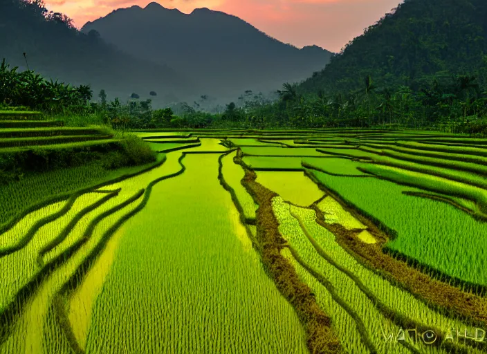 Image similar to a road between rice paddy fields, two big mountains in the background, big yellow sun rising between 2 mountains, indonesia travel photo