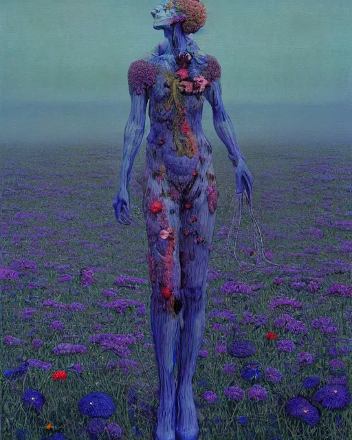 Image similar to A portrait of a woman wearing clothes made out of dying flowers, nuclear explosion in the background, Masterpiece, blue skin, glowing, wires everywhere, by Edgar Maxence and Ross Tran, Zdzisław Beksiński, and Michael Whelan, distant, gustav dore, H.R. Giger, 8k, octane render