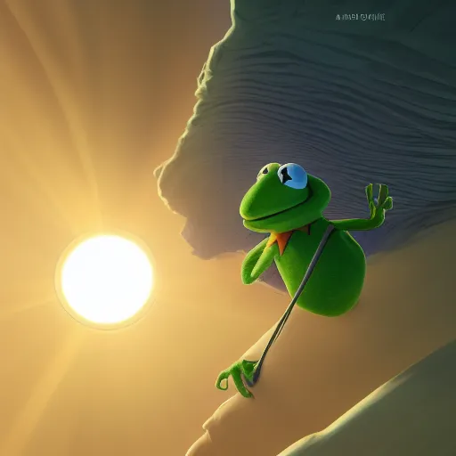 Image similar to Kermit the Frog flying straight into the Sun, Earth far behind him, hyperdetailed, artstation, cgsociety, 8k