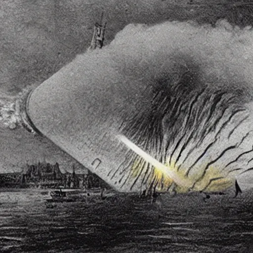 Prompt: the Hindenburg crashing in flames in colour on Victorian London