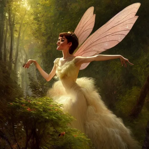 Prompt: audrey hepburn as a winged fairy in a fantasy forest, various backgrounds, highly detailed, digital painting, artstation, matte, illustration, art by gaston bussiere, greg rutkowski, j. c. leyendecker