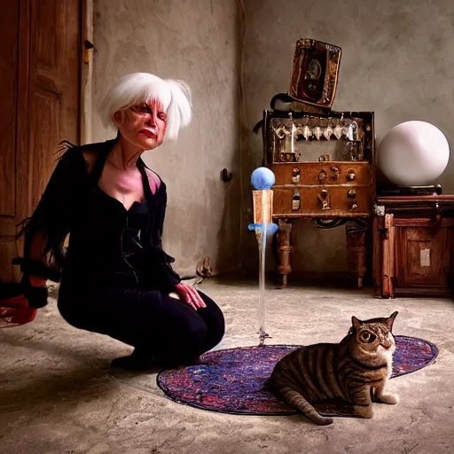 Image similar to a full body protrait beautifull witch with white hair in old room. A cristal ball on a wood table with a potions and old instruments. A cat on the floor licking his paw. photorealistic, profesional photo, by Steve McCurry