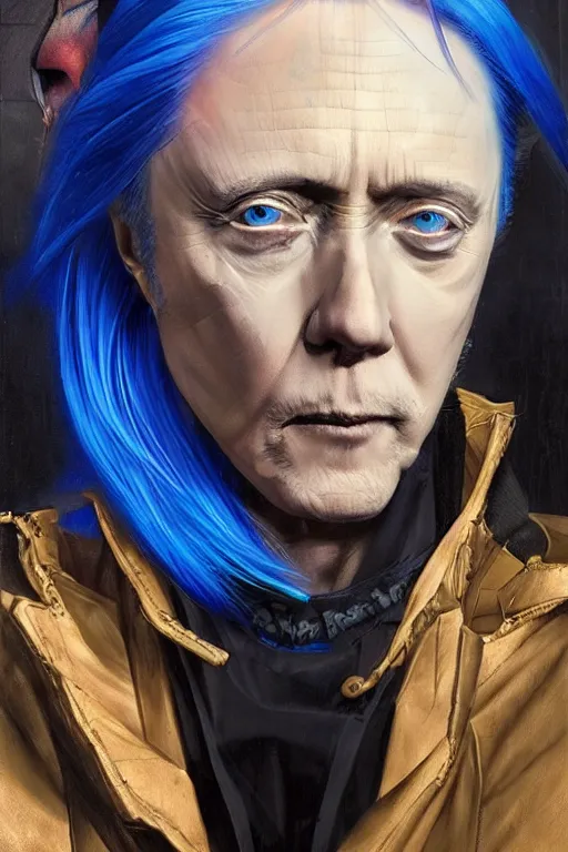 Prompt: a cyberpunk christopher walken with blue hair, masterpiece painting by artgerm and greg rutkowski and caravaggio