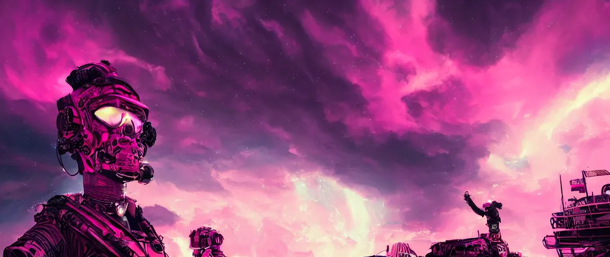 Image similar to portrait big punk, pink, mohawk, space, hyperdetailed illustration, stars, neon, oil painting, rich deep colors masterpiece, ultra detailed, contrast, heaven pink, clouds, volumetric light, atmospheric lighting, pirate neon ship, dramatic, cinematic, moody, octane render 4 k, 8 k