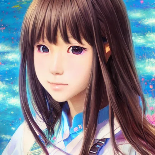 Image similar to dynamic composition, motion, ultra-detailed, incredibly detailed, a lot of details, amazing fine details and brush strokes, gentle palette, smooth, HD semirealistic anime CG concept art digital painting, watercolor oil painting of a young J-Pop idol schoolgirl, by a Japanese artist at ArtStation. Realistic artwork of a Japanese videogame, soft and harmonic colors.