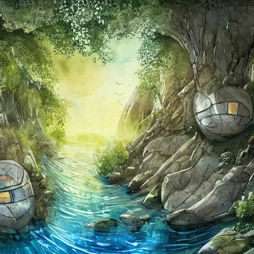 Image similar to beautiful happy picturesque charming sci - fi organic pod - like homes of the future in a beautiful natural scene. water, trees and rocks. beautiful light. soft colour scheme. beautiful artistic detailed watercolor by lurid. ( 2 0 2 2 )