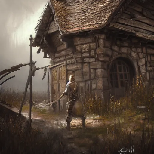 Prompt: distant shot painting of a blacksmith, ultra realistic, concept art, intricate details, eerie, highly detailed, medieval, dark fantasy, pathfinder, photorealistic, octane render, 8 k, unreal engine 5, art by kim myatt