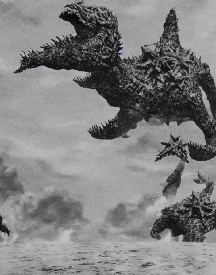 Image similar to a filmstill of a north korean monster movie, kaiju - eiga monster with starfish - arms trampling a traditional korean palace, foggy, film noir, epic battle, etheral, explosions, communist propaganda, communist epic thriller produced by kim jong - il, cinematography by akira kurosawa and tim burton, video compression