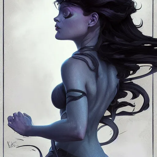 Prompt: Kimberly Kane is a hue created with swirls of black gouache, hopeless grey, and a daub of cold blue, intricate, highly detailed, digital painting, artstation, concept art, smooth, sharp focus, illustration, Unreal Engine 5, 8K, art by artgerm and greg rutkowski and alphonse mucha, fantasy epic digital art, epic fantasy card game art