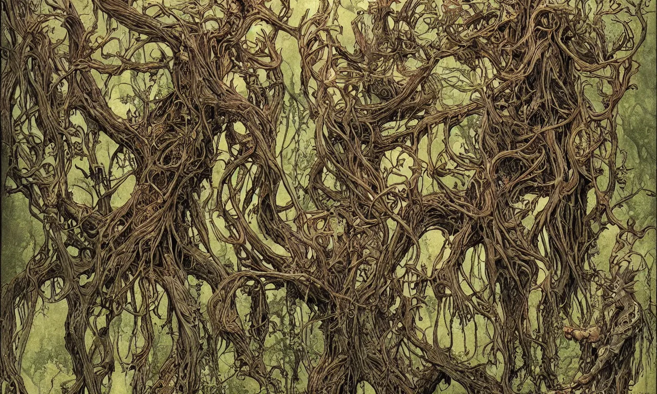 Image similar to hyperdetailed art nouveau portrait of treebeard and old groot as a cthulhu eyeball moose skull wendigo swamp thing creatures, by michael kaluta, pushead and bill sienkiewicz, photorealism, claws, skeleton, antlers, fangs, forest, wild, bizarre, scary, lynn varley, lovern kindzierski, steve oliff