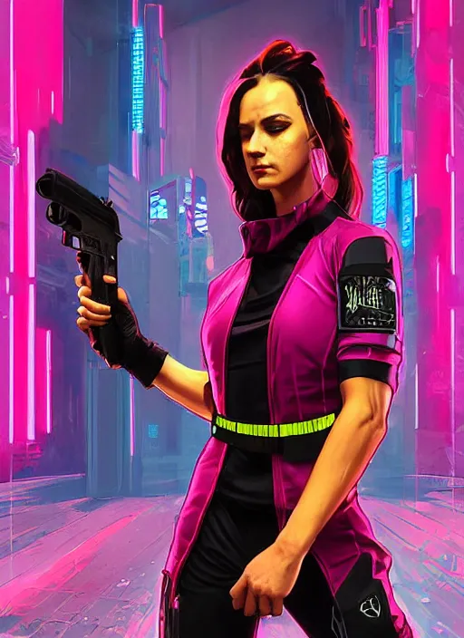 Image similar to beautiful cyberpunk female athlete wearing pink jumpsuit and black jacket while firing a futuristic red belt fed automatic pistol. ad poster for pistol. cyberpunk poster by james gurney, azamat khairov, and alphonso mucha. artstationhq. gorgeous face. painting with vivid color, cell shading. ( rb 6 s, cyberpunk 2 0 7 7 )