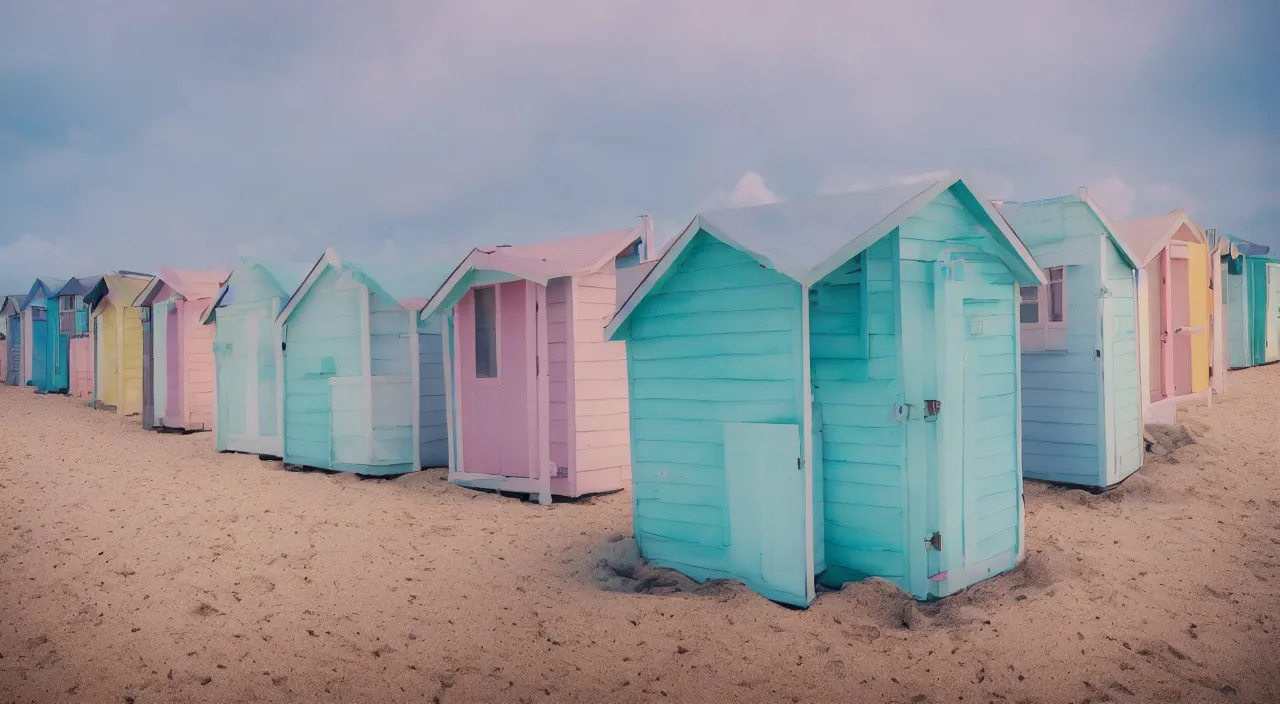 Image similar to pastel colored beach huts on a beach, low angle, close up, vray, single light source, dramatic lighting, cinematic