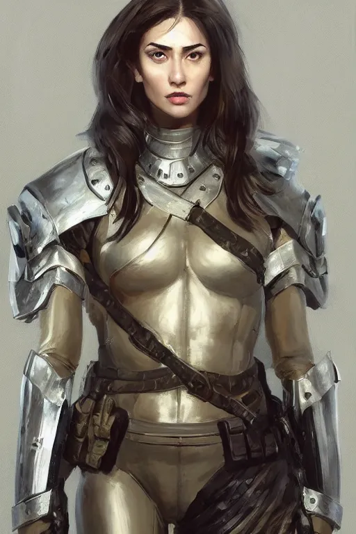 Image similar to a professionally painted portrait of an attractive young woman, clothed in military armor, olive skin, long dark hair, beautiful bone structure, symmetrical facial features, intricate, elegant, digital painting, trending on Artstation, concept art, smooth, sharp focus, illustration, from Metal Gear by Ruan Jia and Mandy Jurgens and Artgerm and William-Adolphe Bouguerea, award winning