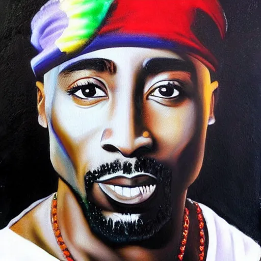 Image similar to Tupac as an airbrush painting with angel wings and a halo