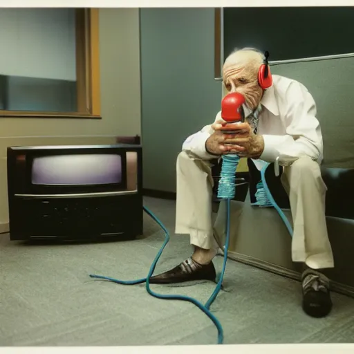 Image similar to In an call centre office, A skinny old Man with a old television strapped to his back ,flexible industrial pipes join his ears and mouth to the television, fibres trial on the floor ,Kodak portra 400